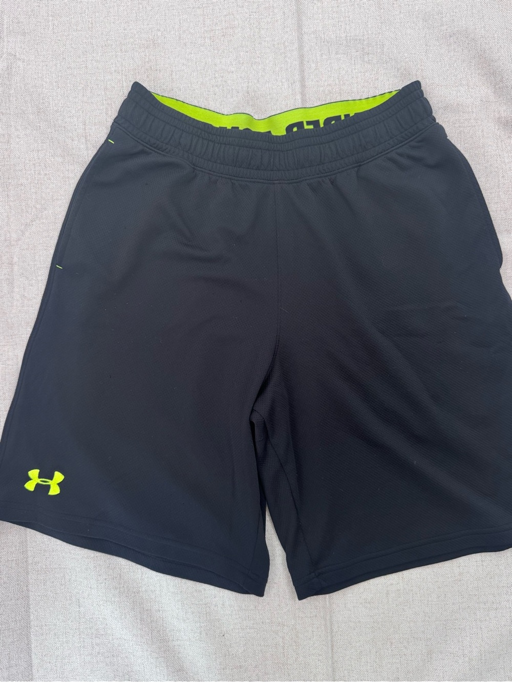 Under Armour Men’s Black Athletic Shorts with Neon Yellow Logo